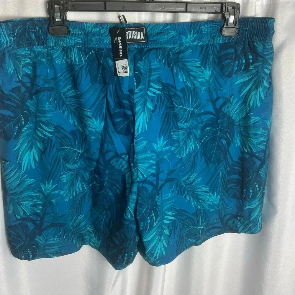 Brisira Mens Tropical Swim Trunks Blue Palm Print Quick Dry Lined 9” Inseam